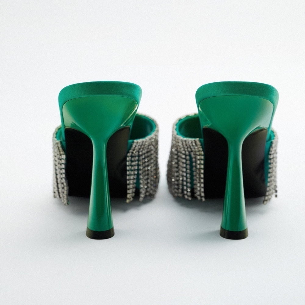 NWT. Zara Green Sparkly Heeled Sandals with Rhinestone Fringe. Size 9. - Picture 2 of 6
